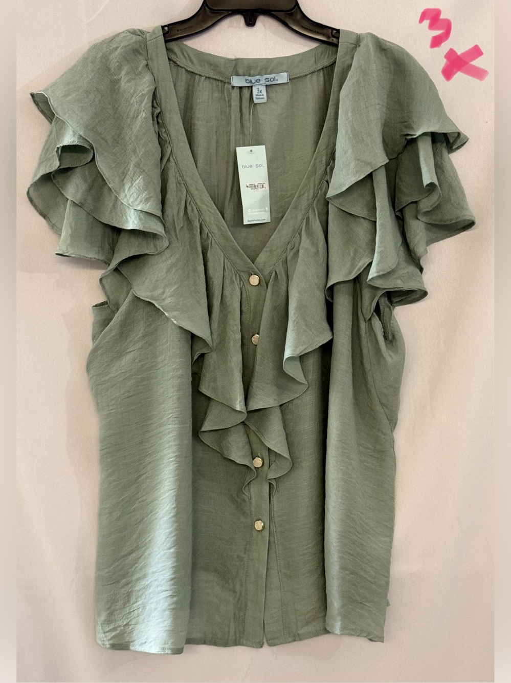 Olive Green Ruffle V-Neck Blouse